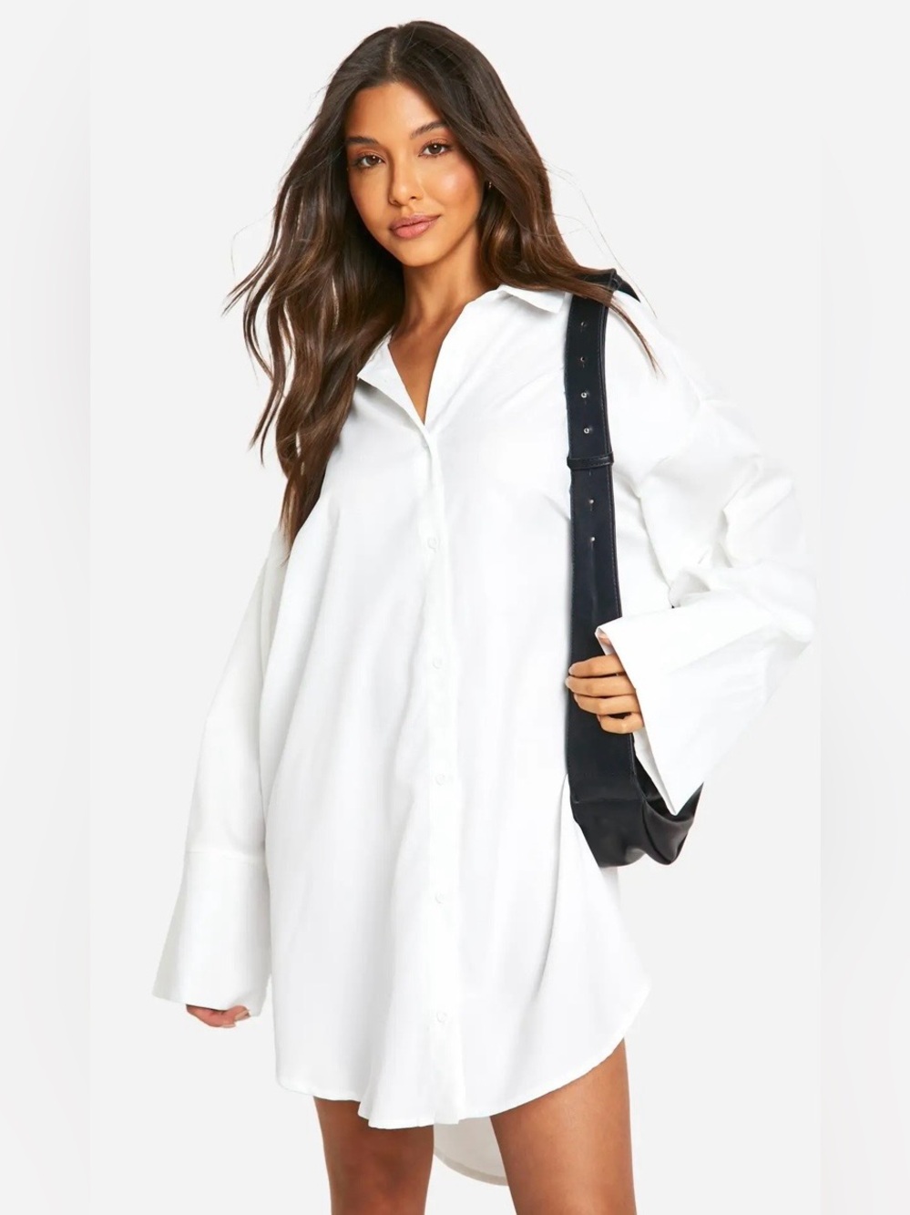 NWT Boohoo White Cotton Poplin Oversized Shirt Dress Minimalist French Girl Chic